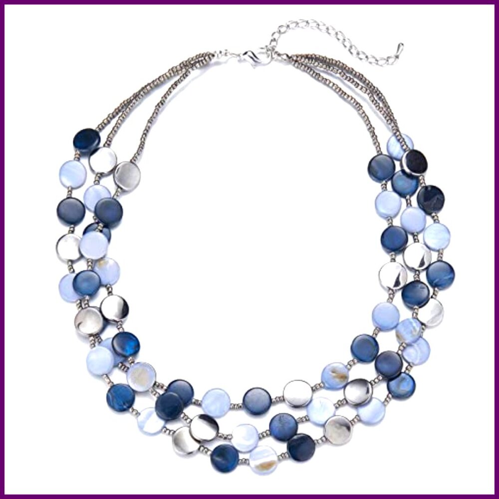 Layered Beaded Statement Necklace, Shell Alloy, 1… - image 2